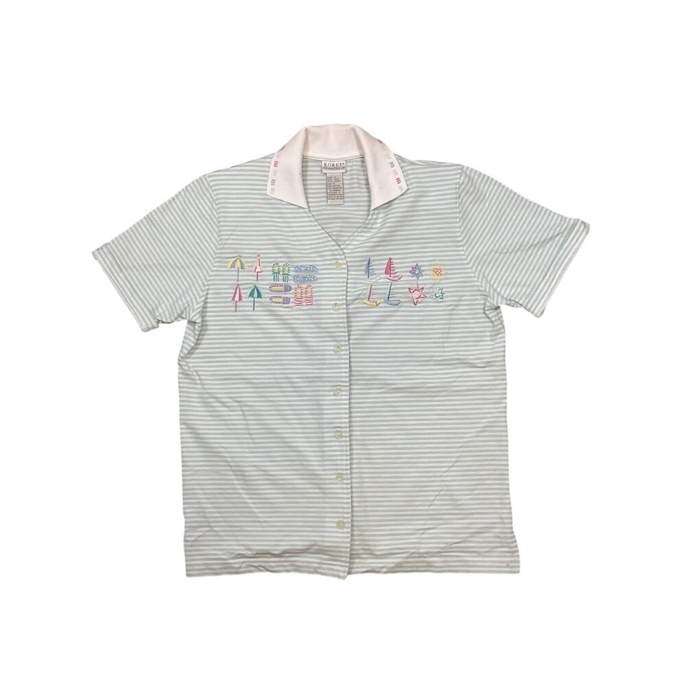 Vtg Koret Francisca Teal striped collared button up beach embroidered top Small